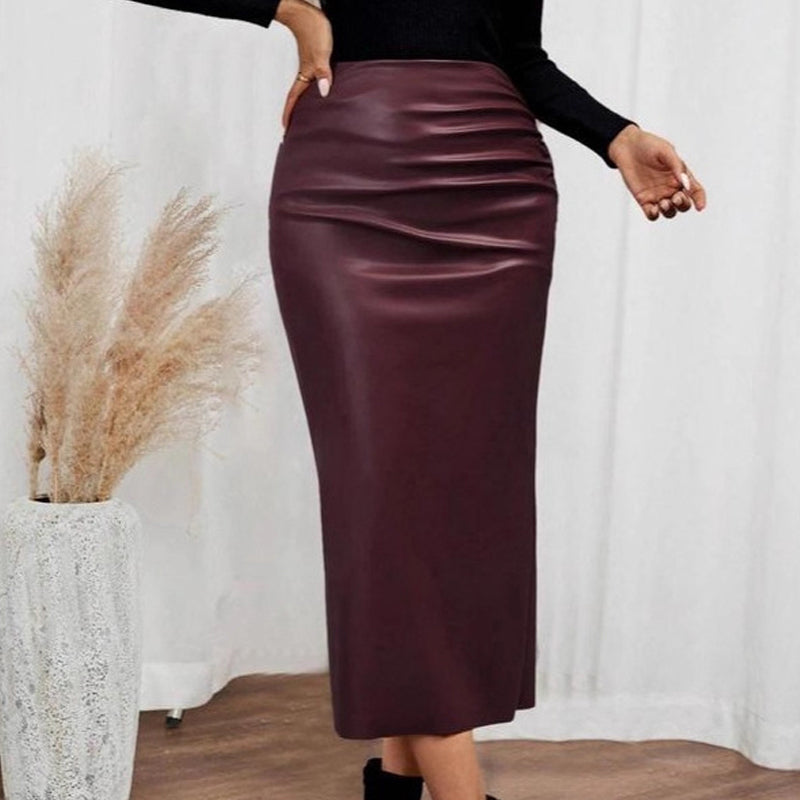 💃2026 New Arrivals - 50% Off!💕Women’s Fitted Ruched Slit Faux Leather Skirt